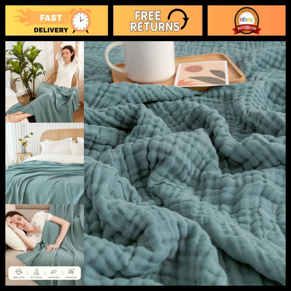 100% Cotton Muslin Throw Blanket - Soft, Lightweight, Breathable Gauze - All Sea